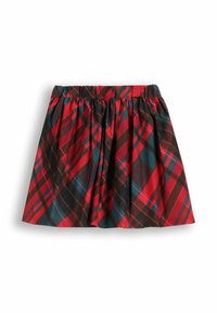 Czerwona i czarna kraciasta spódnica z elastycznym pasem, z marszczoną tkaniną i kontrastującymi niebieskimi i różowymi liniami w wzorze tartan.