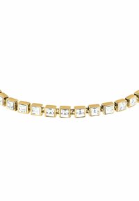 Bracciale in tono oro con cristalli trasparenti quadrati disposti in un motivo lineare, che mette in evidenza una texture liscia e riflettente.