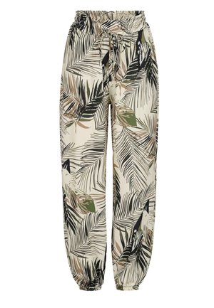 Pantalons légers, coupe décontractée, avec un fond beige et imprimé de feuilles de palmier noires et vertes ; taille élastique avec cordon de serrage.