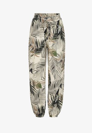 Pantaloni leggeri e dalla vestibilità comoda con sfondo beige, caratterizzati da una stampa di foglie di palma nera e verde; vita elastica con cordoncino.