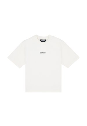 White cotton t-shirt with a round neckline and short sleeves. Features black printed text "WRSTBHVR" at the center front. Soft texture.
