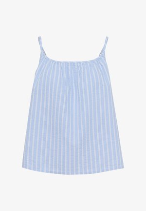 Mėlynas ir baltas dryžuotas be rankovių viršus su reguliuojamomis petnešėlėmis, lengvas audinys ir susiraukšlėjusi tekstūra prie iškirptės.