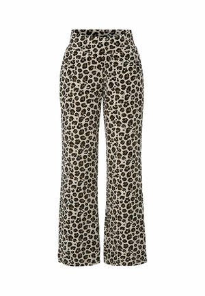 Leopardprint wijde broek met een hoge tailleband, gemaakt van zacht materiaal met een crèmekleurige achtergrond en bruin-zwarte vlekken.