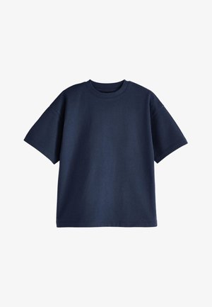 Merensininen lyhythihainen pyöreäkauluksinen t-paita, jossa rento istuvuus ja suora helm, esillä valkoisella taustalla.
