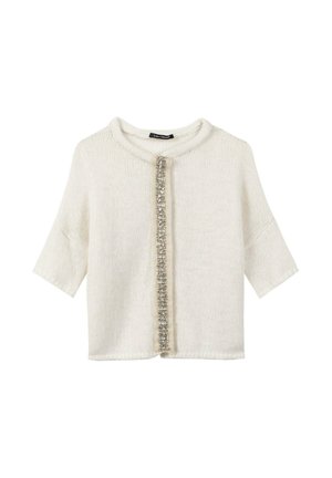 Off-white knitted short-sleeve cardigan with round neckline and vertical decorative row of clear embellishments down the front.