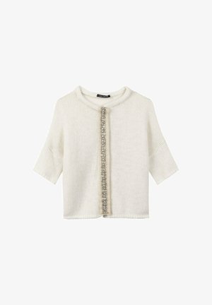 Off-white knitted short-sleeve cardigan with round neckline and vertical decorative row of clear embellishments down the front.