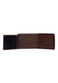 Brown leather wallet with multiple card slots, a cash compartment, and a clear ID window. Features a smooth texture and simple design.