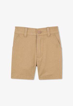Shorts beiges avec devant plat, passants pour ceinture et fermeture à un bouton. Comprend deux poches latérales et un ourlet droit. Tissu en coton lisse.