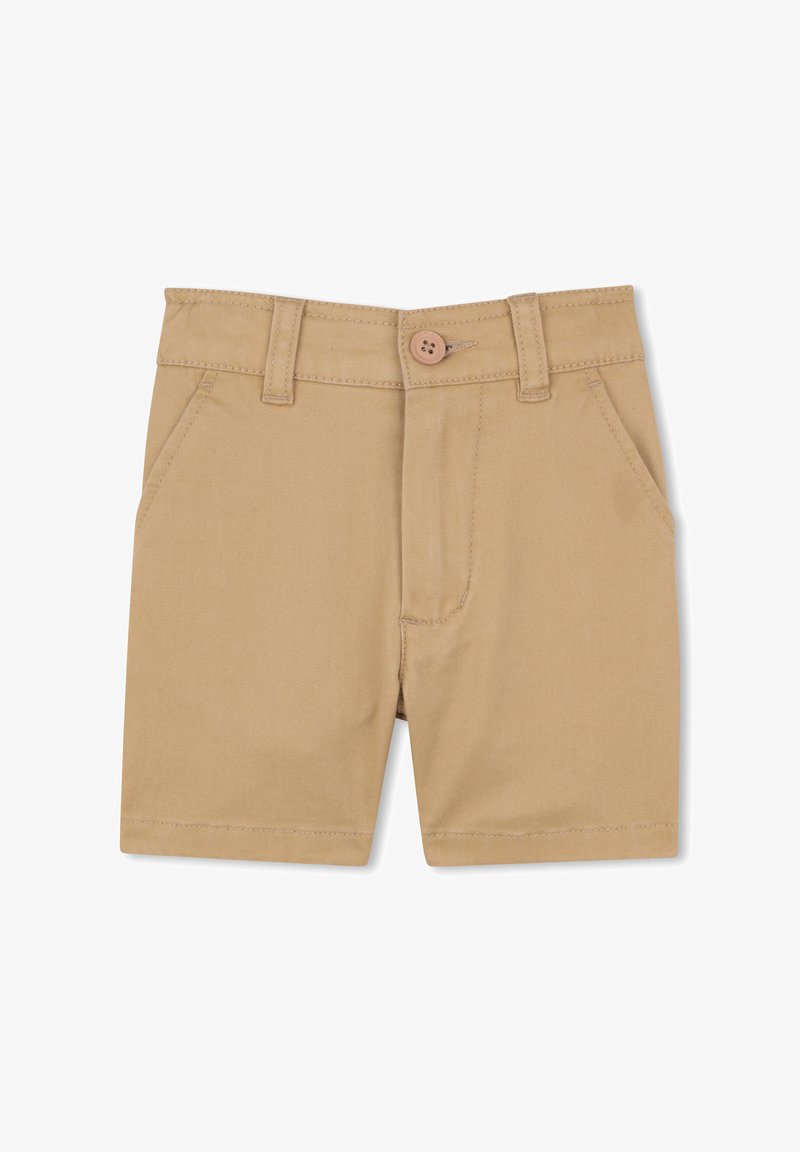 Shorts beiges avec devant plat, passants pour ceinture et fermeture à un bouton. Comprend deux poches latérales et un ourlet droit. Tissu en coton lisse.