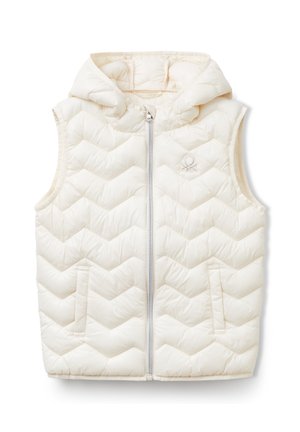 Veste matelassée sans manches à capuche de couleur crème avec fermeture éclair à l'avant et deux poches, présentée sur fond blanc.