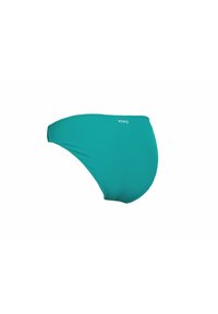 Tirkīza peldkostīms, kas izgatavots no elastīga auduma, ar gludu tekstūru un minimālistisku dizainu. Priekšpusē ir izdrukāts "VIVID" logotips.