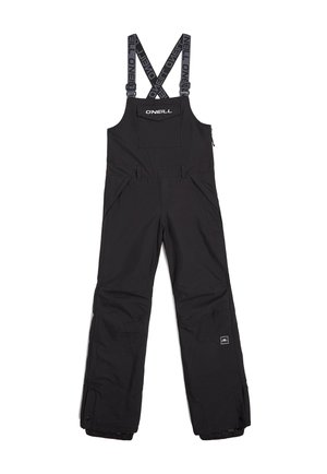 Salopettes noires imperméables avec des bretelles ajustables, une poche zippée et des poignets élastiques. Présente un logo à l'avant et un design en tissu durable.