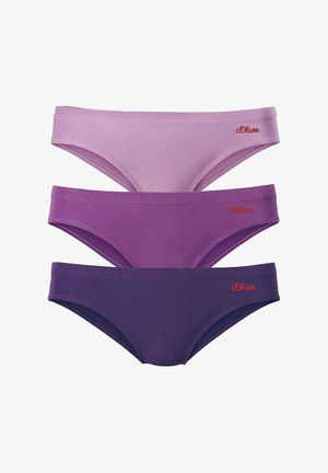 Three pairs of women’s bikini briefs in light purple, medium purple, and dark purple. Made of smooth fabric with s.Oliver logo in red.