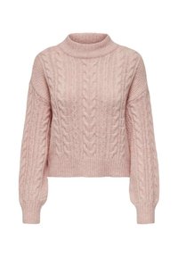 Maglione rosa chiaro a trecce con colletto alto, caratterizzato da polsini e orlo a coste, e un motivo testurizzato su tutta la superficie.