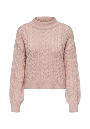 Maglione rosa chiaro a trecce con colletto alto, caratterizzato da polsini e orlo a coste, e un motivo testurizzato su tutta la superficie.