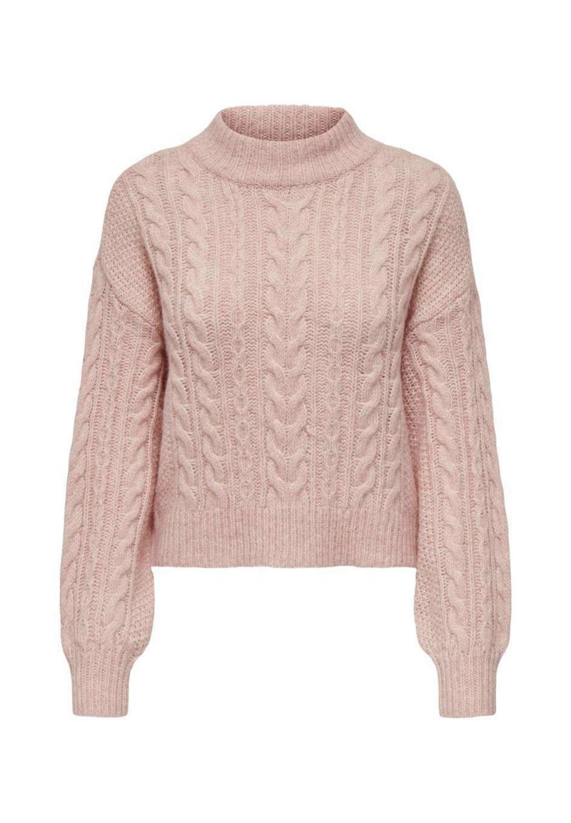 Maglione rosa chiaro a trecce con colletto alto, caratterizzato da polsini e orlo a coste, e un motivo testurizzato su tutta la superficie.
