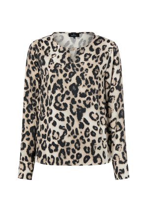 Long-sleeve women's blouse with beige and black leopard print, round neckline, and a small gold clasp detail at the front.