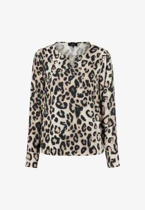 Blouse à manches longues pour femme avec imprimé léopard beige et noir, encolure ronde, et un petit détail de fermeture dorée à l'avant.