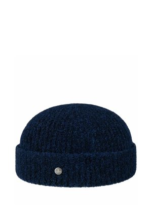 Dunkel marineblaue, gestrickte Wollmütze mit umgeschlagenem Rand und kleinem, metallischem, rundem Logotag am Umschlag.