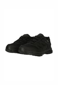 Schwarze Wanderschuhe mit einem Obermaterial aus Mesh, synthetischen Akzenten, strukturiertem Gummisohle und einem sicheren Schnürsystem. Entwickelt für Haltbarkeit und Traktion.