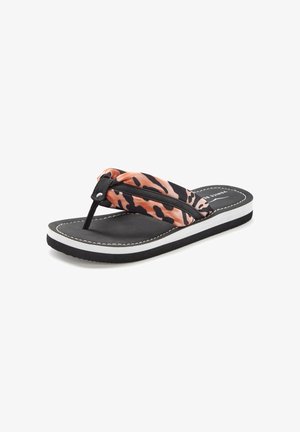 Schwarze Flip-Flops mit pink-schwarzem gemustertem Stoffriemen, gepolsterter Sohle, weißen Nähten und strukturierter schwarzer Außenbasis.