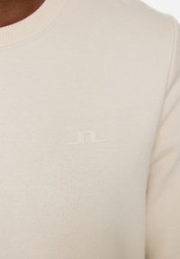 Beige sweatshirt met een geribbelde halslijn. Bevat een subtiel, reliëf logo. Het materiaal lijkt zacht met een gladde textuur.