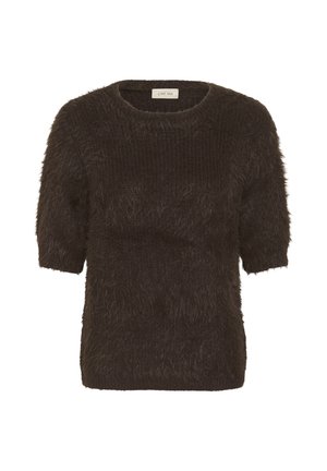 Temno rjav kratkoročni pulover iz mehke pletene tkanine z okroglim vratnim izrezom in rebrasto teksturo.