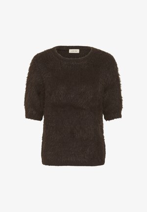 Temno rjav kratkoročni pulover iz mehke pletene tkanine z okroglim vratnim izrezom in rebrasto teksturo.