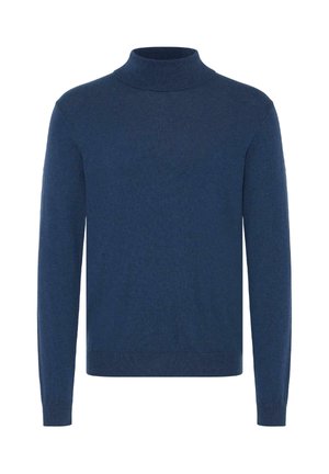 Dunkelblaues Rollkragensweatshirt aus weichem Strickmaterial, mit langen Ärmeln und nahtlosem Design für eine klare Silhouette.