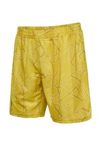 Gula badbyxor med ett geometriskt mönster i vitt. Tillverkade av ett smidigt, lätt material med en elastisk midja för komfort.