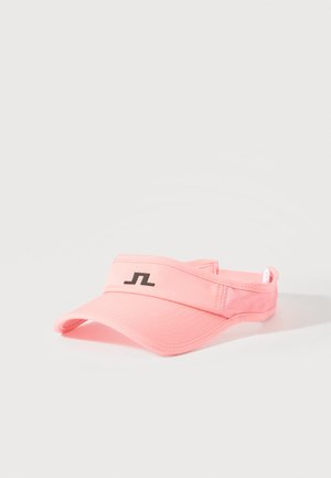 Športni senčnik svetlo rožnate barve s črnim geometrijskim logotipom spredaj in mrežastimi paneli na straneh, prikazan na enakomerni svetli podlagi.