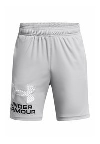 Pelēki sporta šorti ar elastīgu jostasvieta, ar ģeometrisku Under Armour logotipu un izteiksmīgu melnu "UNDER ARMOUR" tekstu sānos.