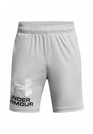 Shorts de sport gris avec une taille élastique, arborant un logo géométrique d'Under Armour et un texte en noir audacieux "UNDER ARMOUR" sur le côté.