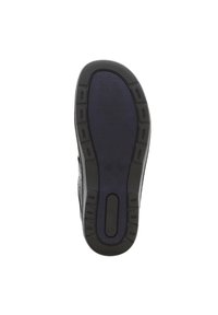 Schwarze Gummisohlen mit strukturiertem Grip-Muster, geschwungenen Kanten und einer zentralen Rille. Einfaches Design mit verstärktem Fersenbereich.