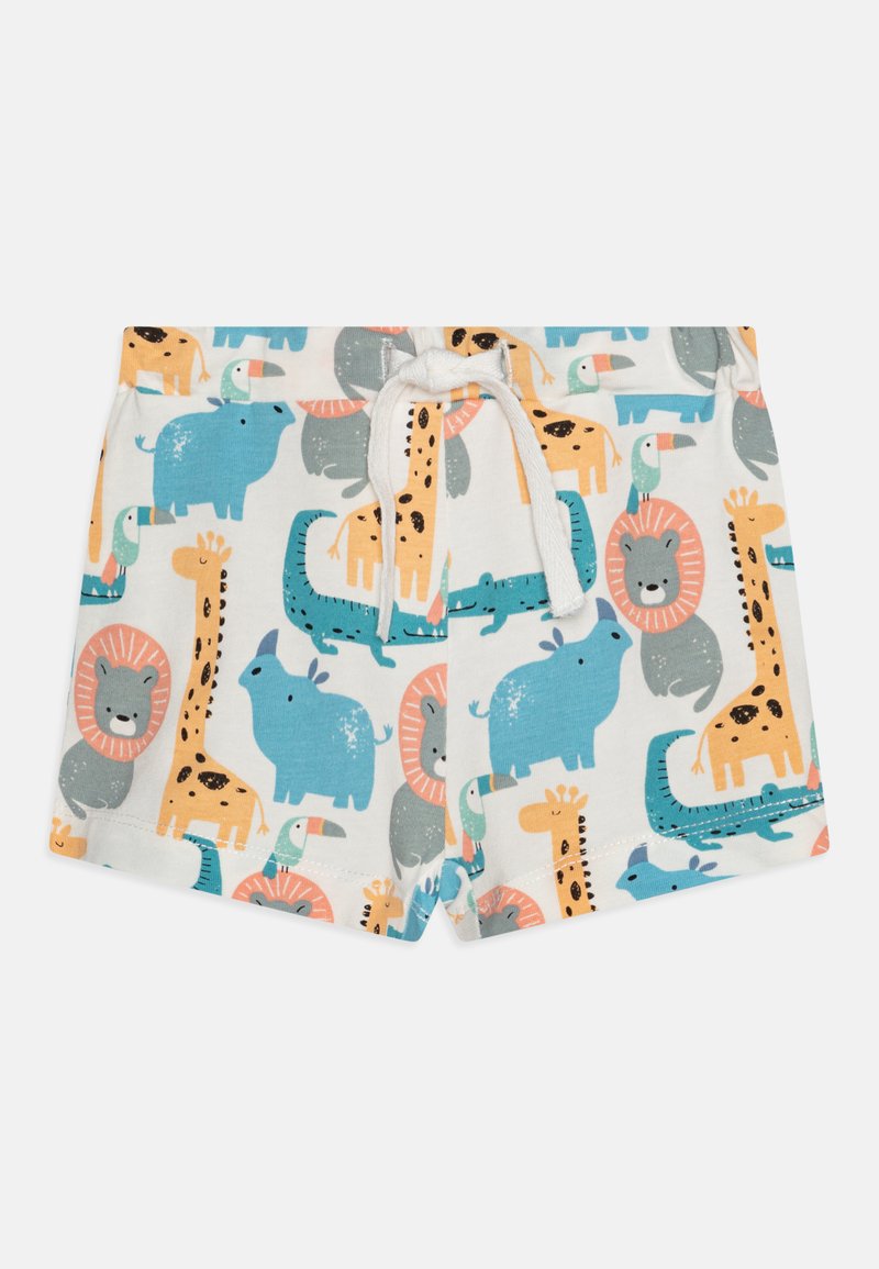 Pantalones cortos de algodón con un patrón divertido que presenta animales en azul, naranja, gris y verde, complementados por un fondo blanco y cordón de ajuste.