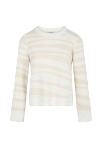 Suéter color crema con suaves rayas beige horizontales. Cuenta con un escote redondo, mangas largas y un corte holgado. Está fabricado con un material de punto texturizado.