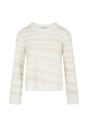 Crèmekleurige trui met zachte, horizontale beige strepen. Beschikt over een ronde halslijn, lange mouwen en een relaxte pasvorm. Gemaakt van een gestructureerd breigaren.