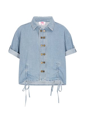 Lichtblauwe denim jas met korte mouwen, kraag, zes drukknoopsluitingen aan de voorkant, opgerolde manchetten, twee zakken en verstelbare trekkoordzomen.