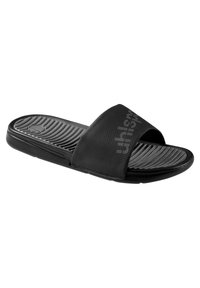 Black slide sandals with a textured strap, featuring a logo and a ridged sole. Made of synthetic material, designed for comfort.