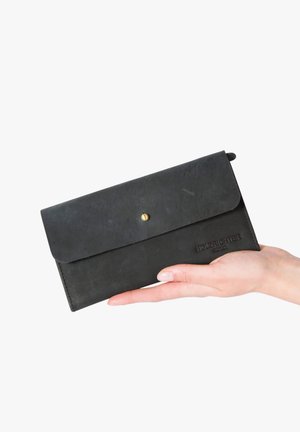 Black leather wallet with a flap and snap closure, featuring embossed branding. Smooth texture and rectangular shape, held in a hand.