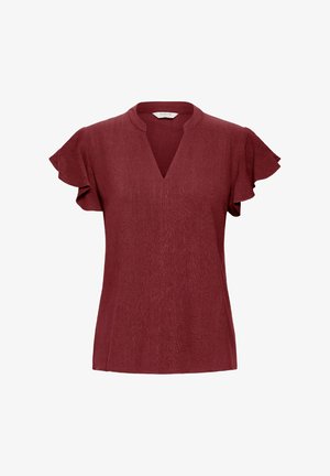 Bordeaux shirt met korte mouwen, een V-hals en gerimpelde mouwen, voorzien van een textuur voor extra dimensie.