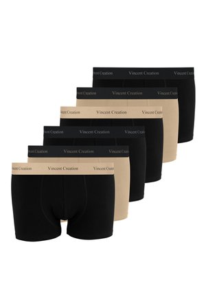 Cinque paia di boxer da uomo in colori alternati nero e beige, ciascuno con una fascia in vita con marchio e la scritta "Vincent Creation."