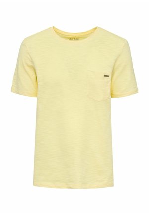 Jasnożółta koszulka z krótkim rękawem, wykonana z miękkiego materiału, z kieszonką na piersi i subtelną fakturą. Brak widocznych nadruków lub wzorów.