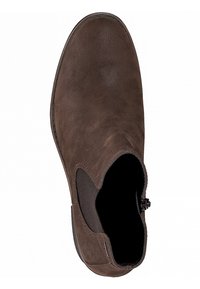 Bottine en suède marron foncé avec bout arrondi, panneau latéral élastique et détail de languette, vue de dessus.