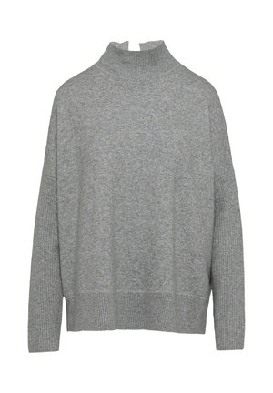 Gray knitted sweater with a high mock neck and ribbed texture at the cuffs and hem. Drop shoulder design with a relaxed fit.