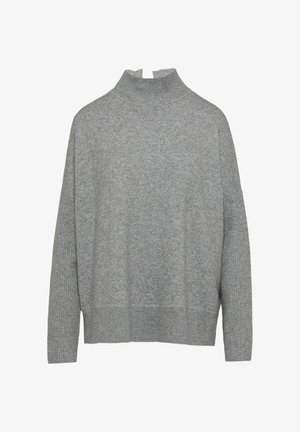 Szary sweter z dzianiny z wysokim kołnierzem i prążkowaną teksturą przy mankietach i dołach. Projekt z opadającymi ramionami o luźnym kroju.