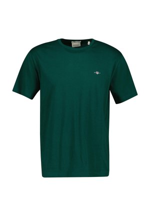 Dunkelgrünes Kurzarm-Baumwoll-T-Shirt mit Rundhalsausschnitt und kleinem, auf der linken Brustseite aufgesticktem Gant-Logo.