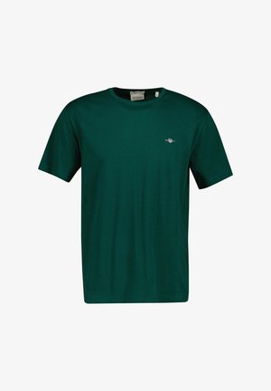 Dunkelgrünes Kurzarm-Baumwoll-T-Shirt mit Rundhalsausschnitt und kleinem, auf der linken Brustseite aufgesticktem Gant-Logo.