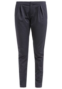 Tmavě modré kalhoty s hladkým povrchem, obsahující přední záhyby a slim fit střih. Pas je upraven pro elegantní vzhled.