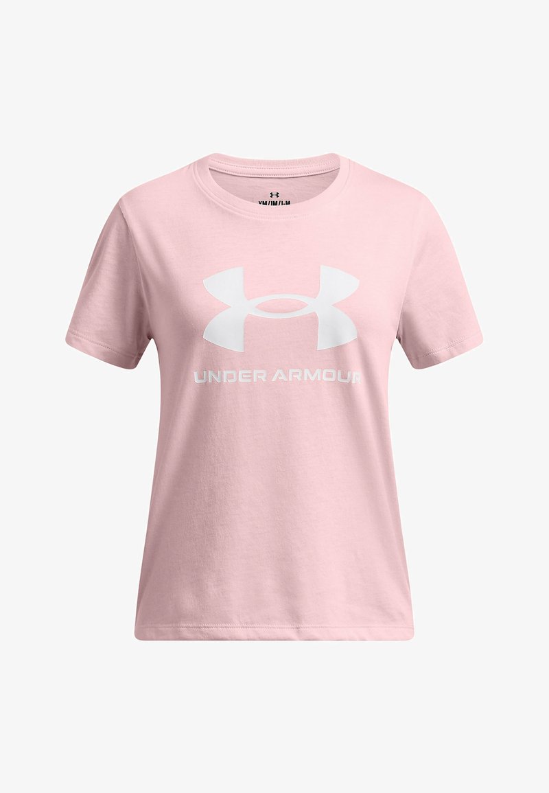Camiseta de algodón rosa de manga corta con un logo blanco de Under Armour en la parte frontal. Cuello redondo y corte casual. Textura suave.